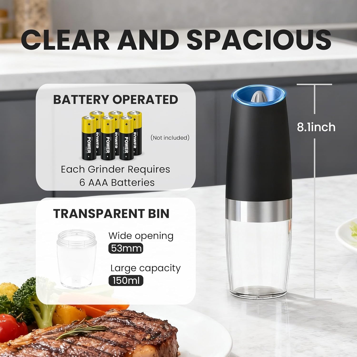 Gravity Electric Salt & Pepper Grinder Set 2 Pack Battery Powered LED – Silver.