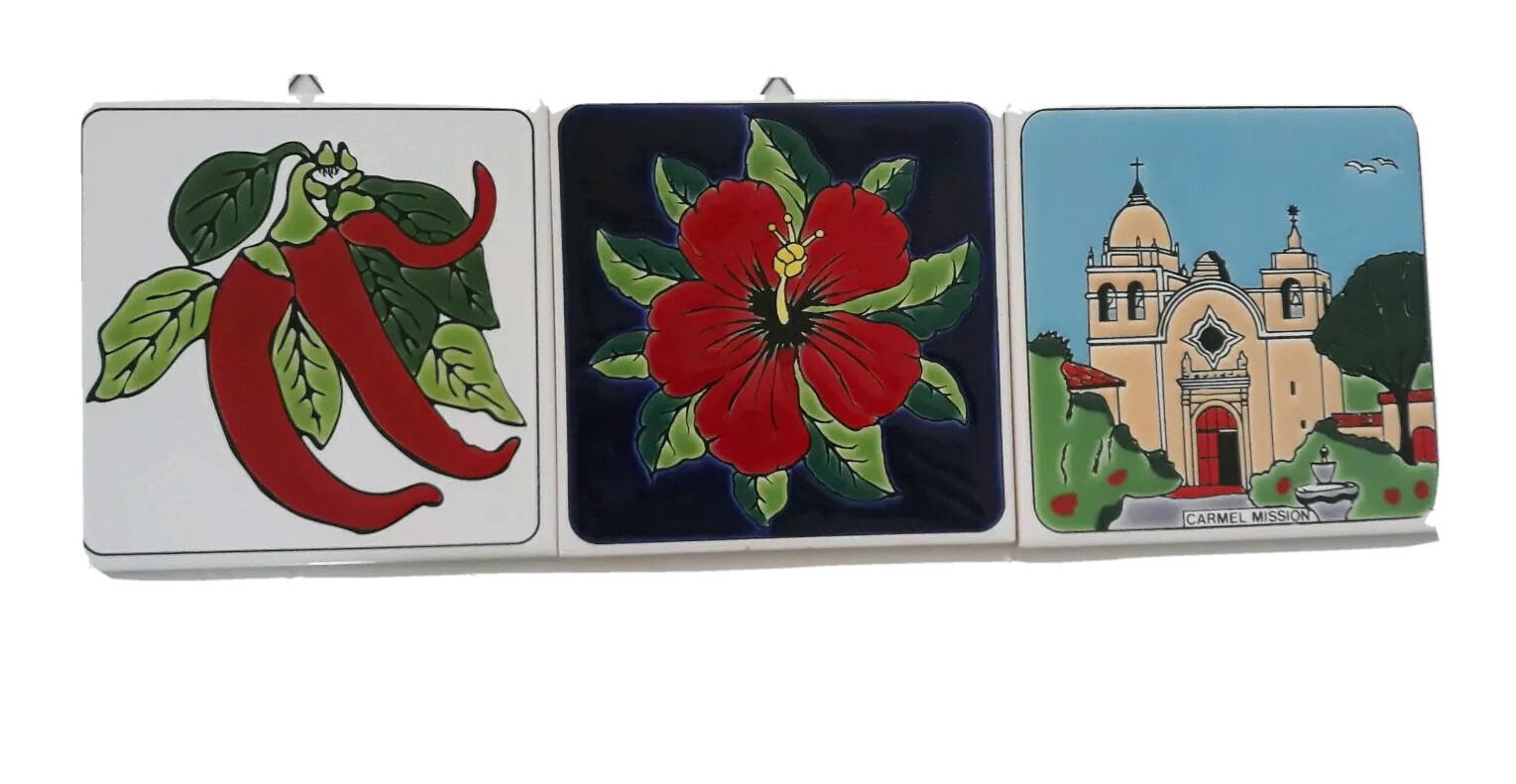 Lot of 3 Art Decorative Ceramic tiles Hibiscus, chili peppers & Carmel Mission