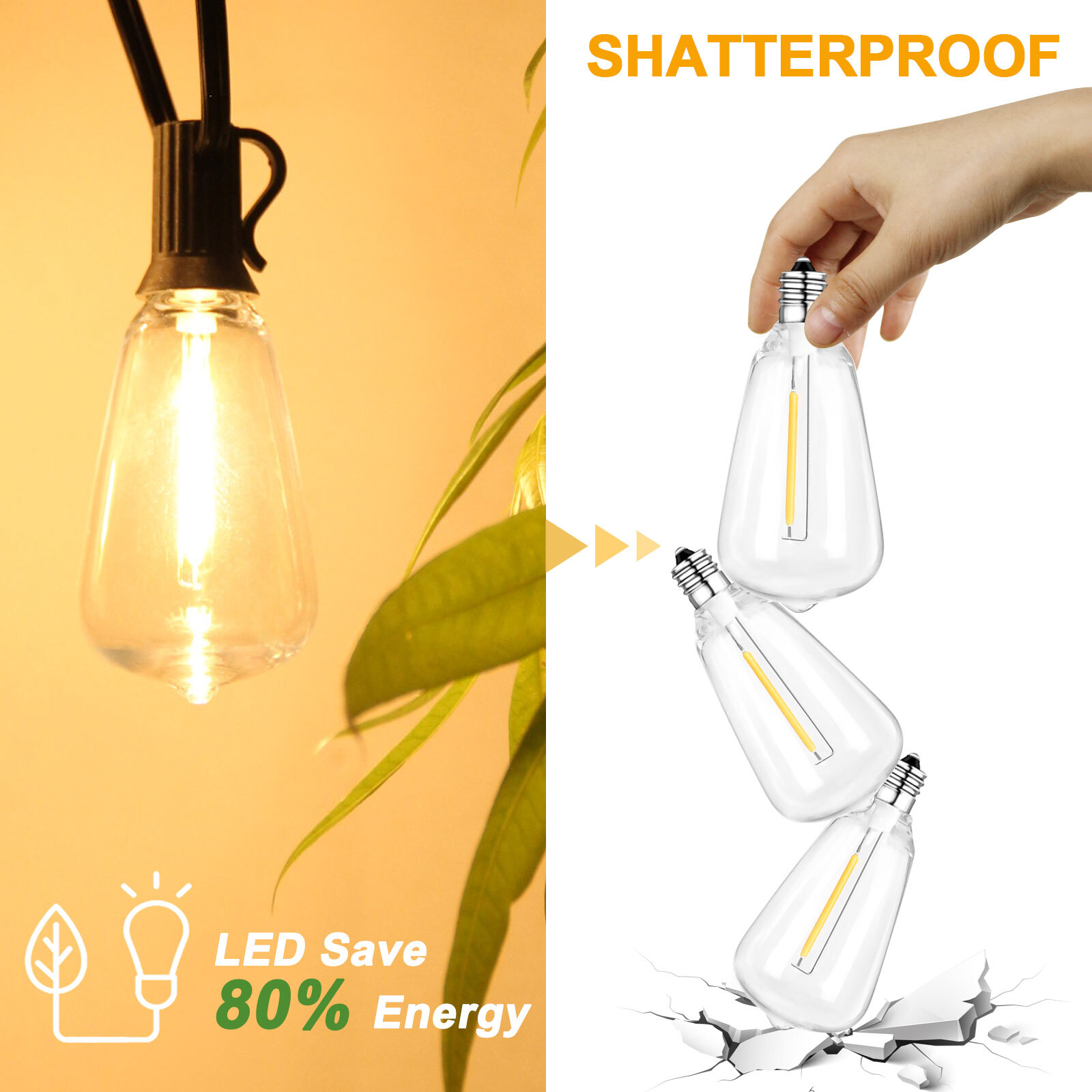 10FT String Lights With 10pcs E12 ST38 LED Plastic Bulbs Garden Holiday Decor