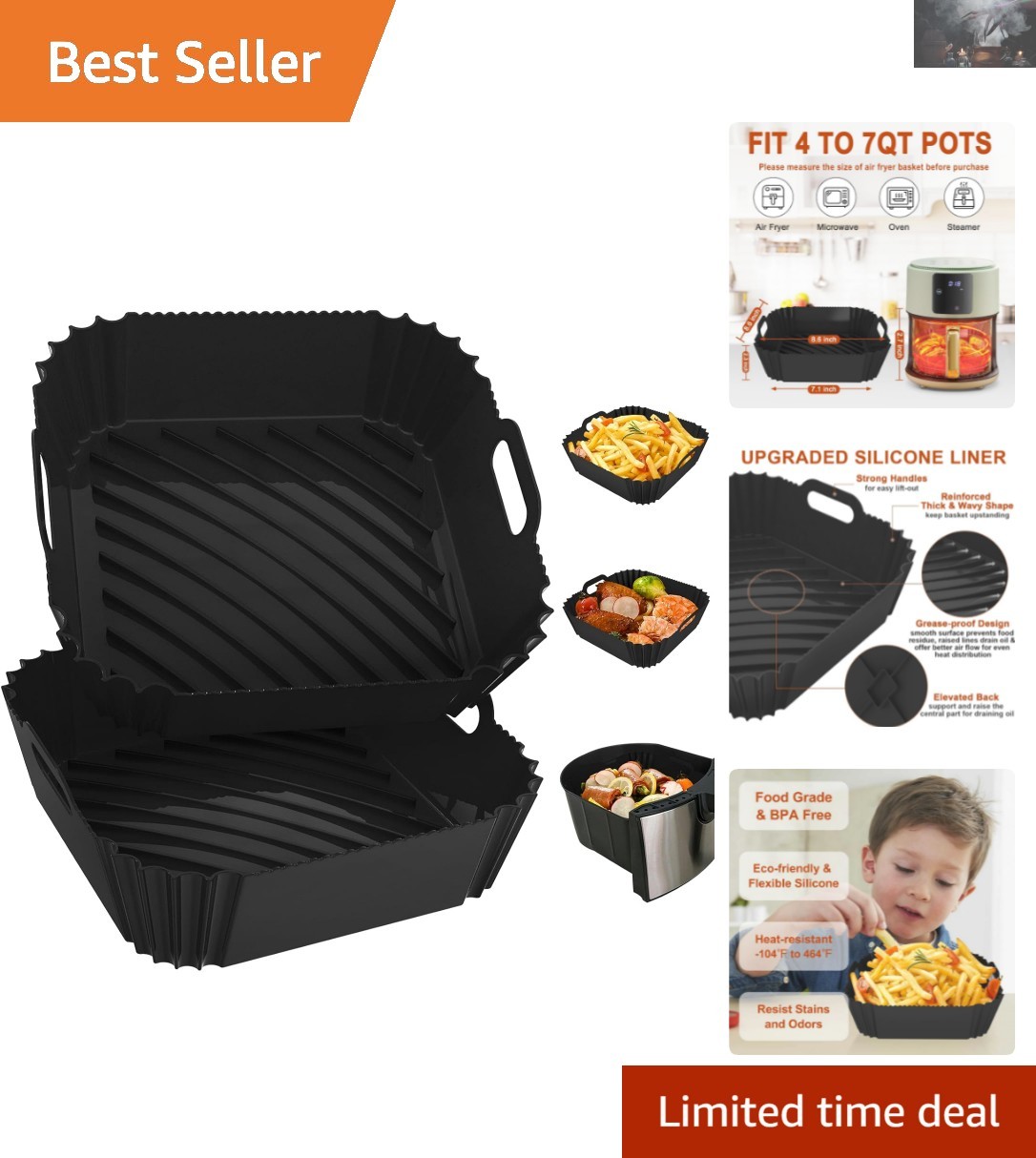 Versatile Silicone Air Fryer Liners 7.1 inch, 4-7 QT, Easy to Clean & Reusable