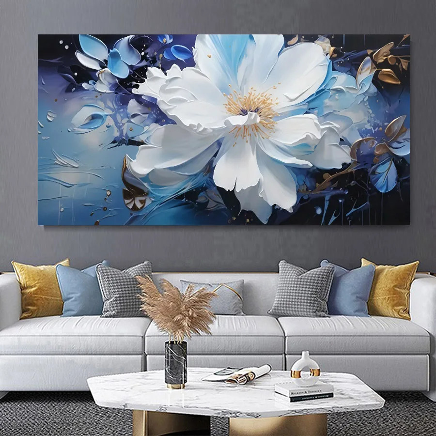Abstract Blue Print Flower Canvas Painting Poster Canvas Wall Art Canvas Mural