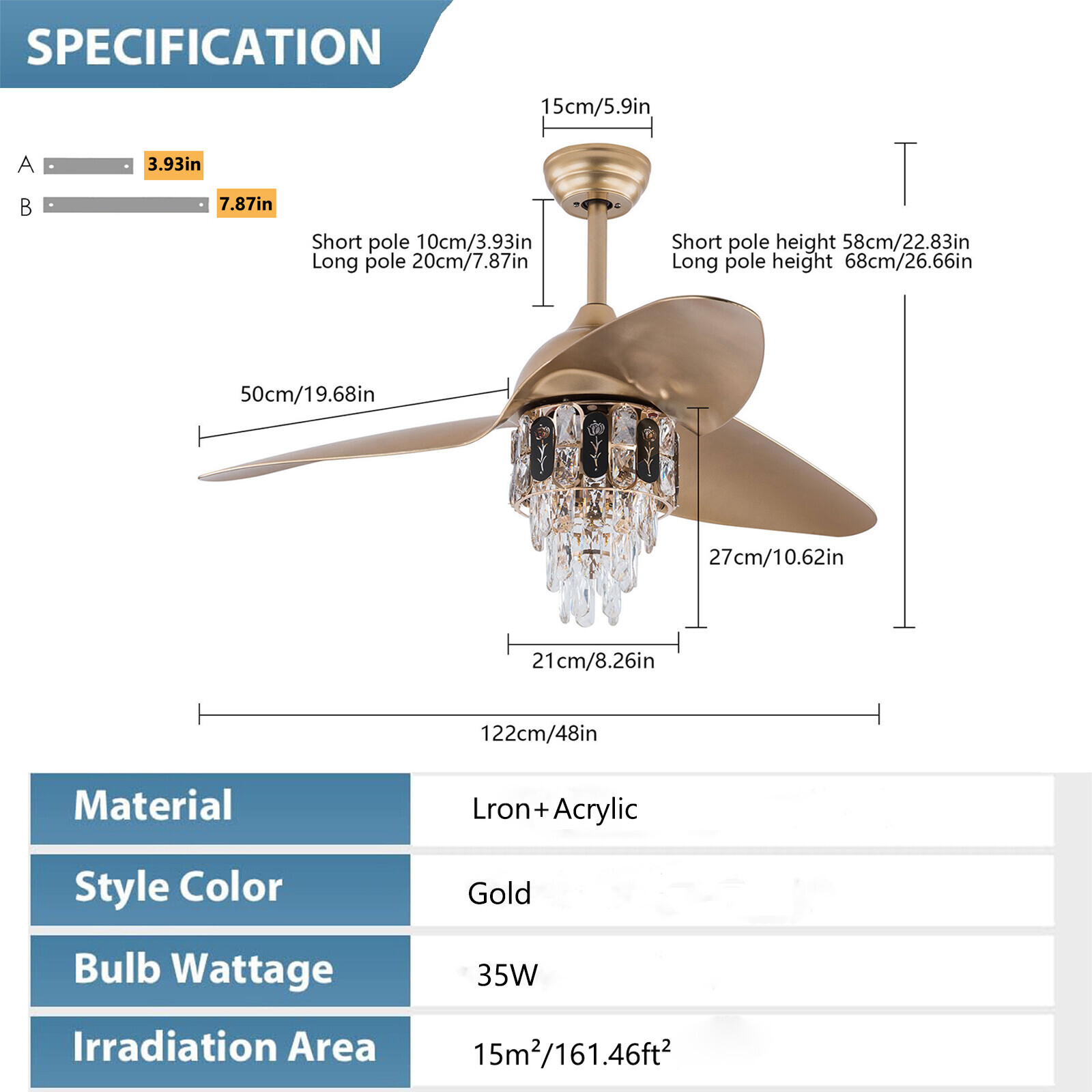 48″ Crystal Ceiling Fan Light Remote Control Chandelier Retractable Fandelier