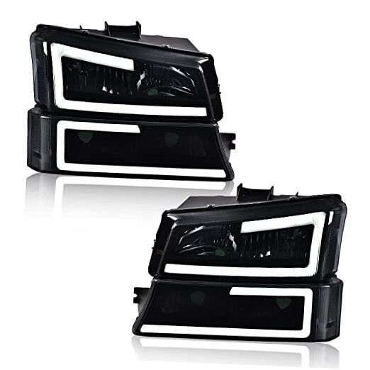 LED Headlight Assembly Compatible with Chevy (C LED) Smoky Lens Black Housing