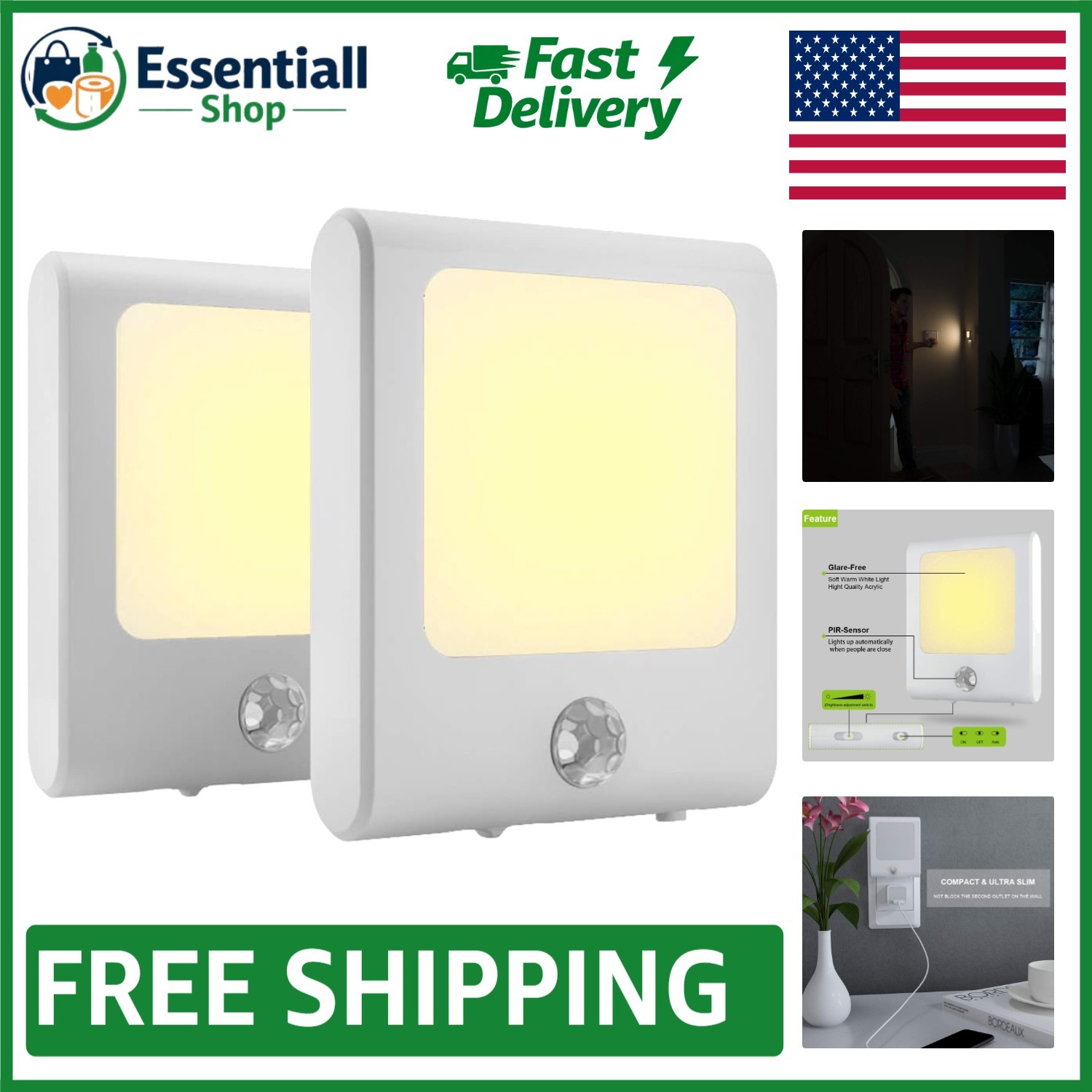 Adjustable Brightness Motion Sensor Lights, Warm White LED Night Light 2-Pack