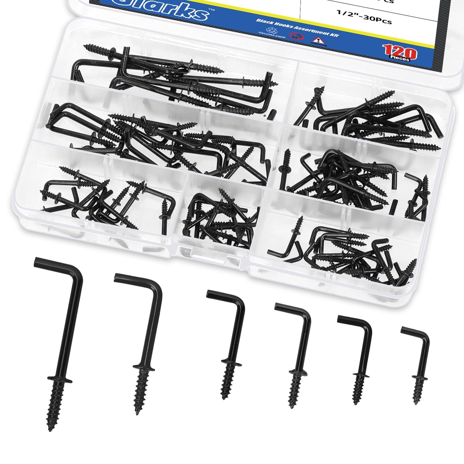 120pcs 1/2’’ 5/8’’ 3/4’’ 7/8’’ 1’’ 1-1/4’’ Black L Shaped Screw in Hooks kit …