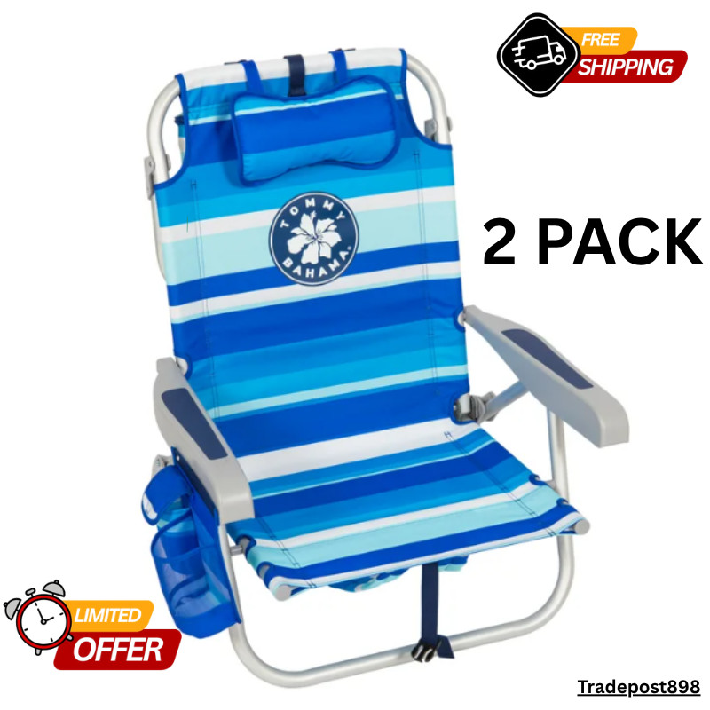 2-Pack Tommy Bahama Beach Chair Lay Flat, Reclining, Adjustable, Storage, New!