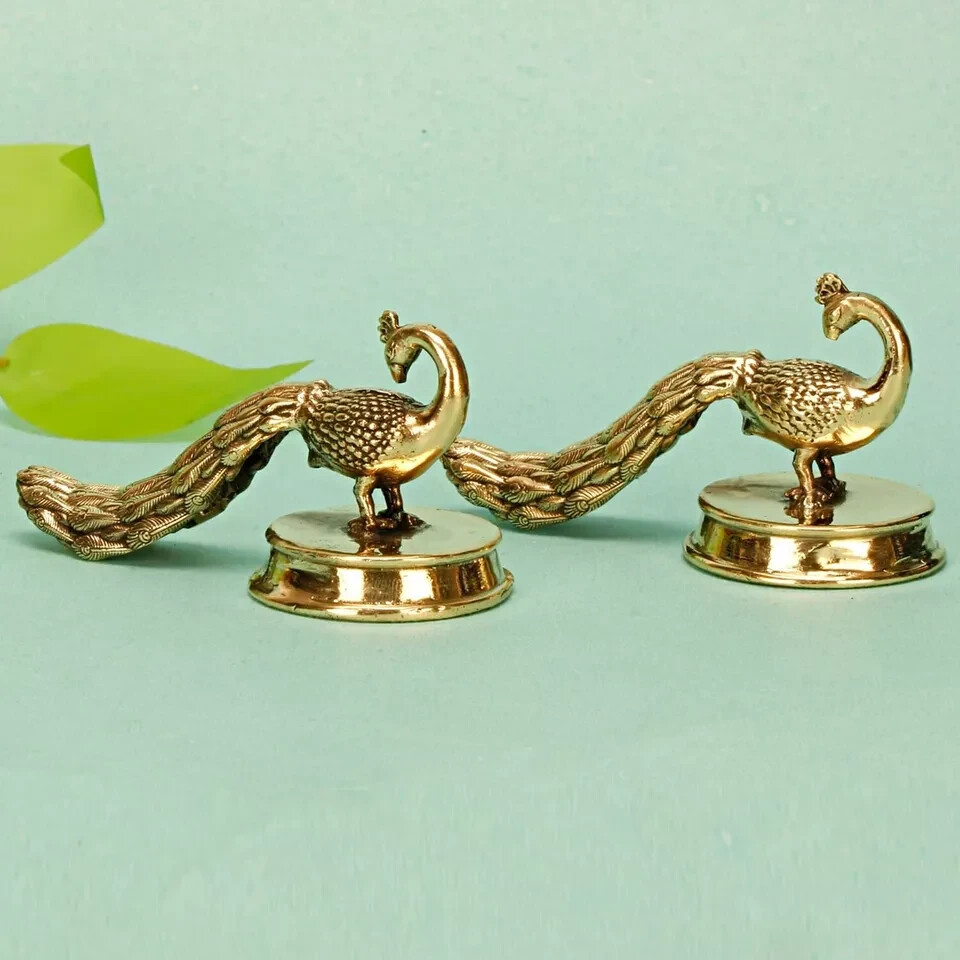 Brass Peacock Pair 2 Pcs Mayur Showpiece Idol Figurine Gold Color