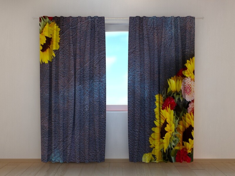 3D Curtain Printed Dahlia and Sunflowers yellow flowers Wellmira Made to Measure