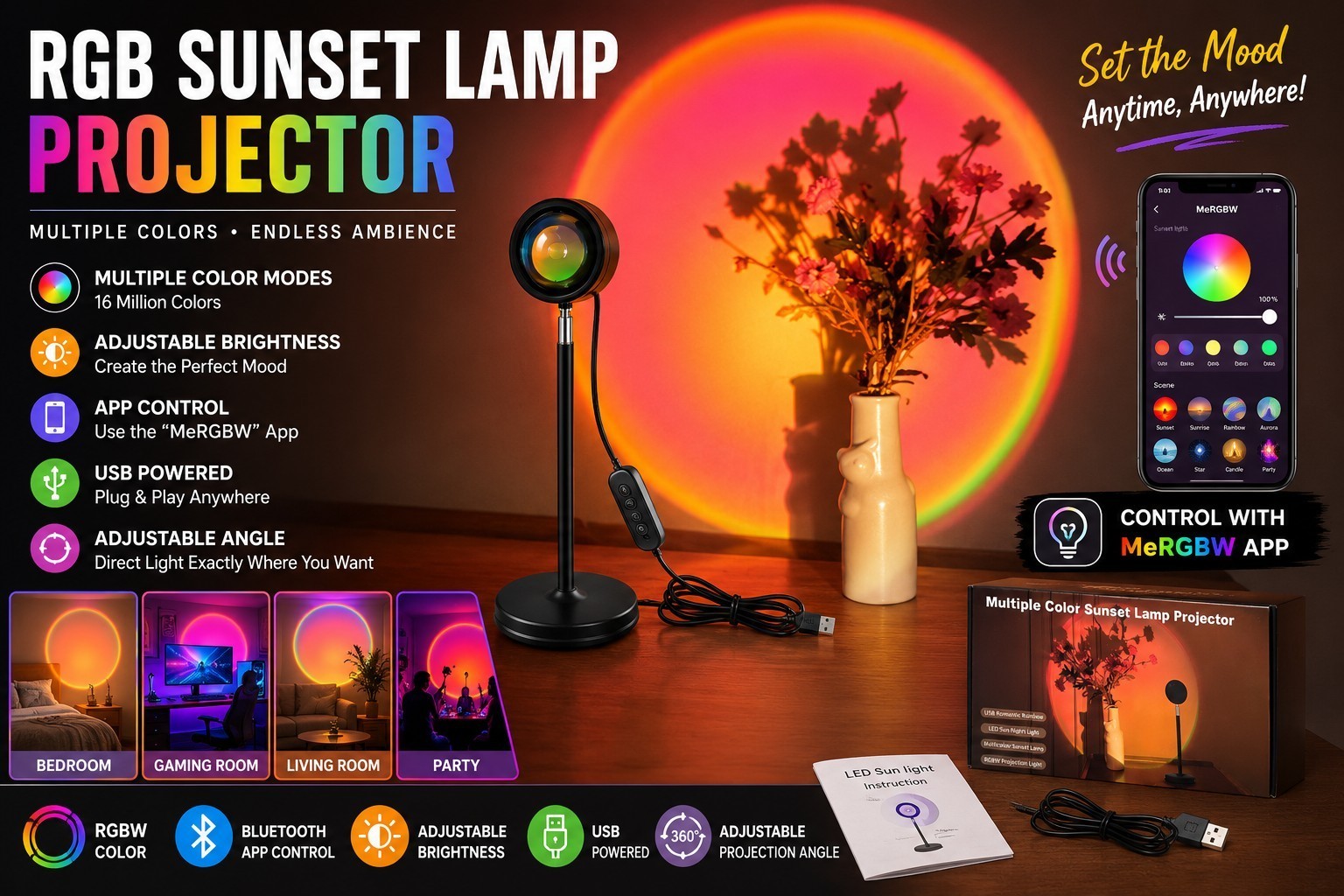 Sunset Lamp Projector with APP Control – 21 Color Changing LED Sunset Light, 180