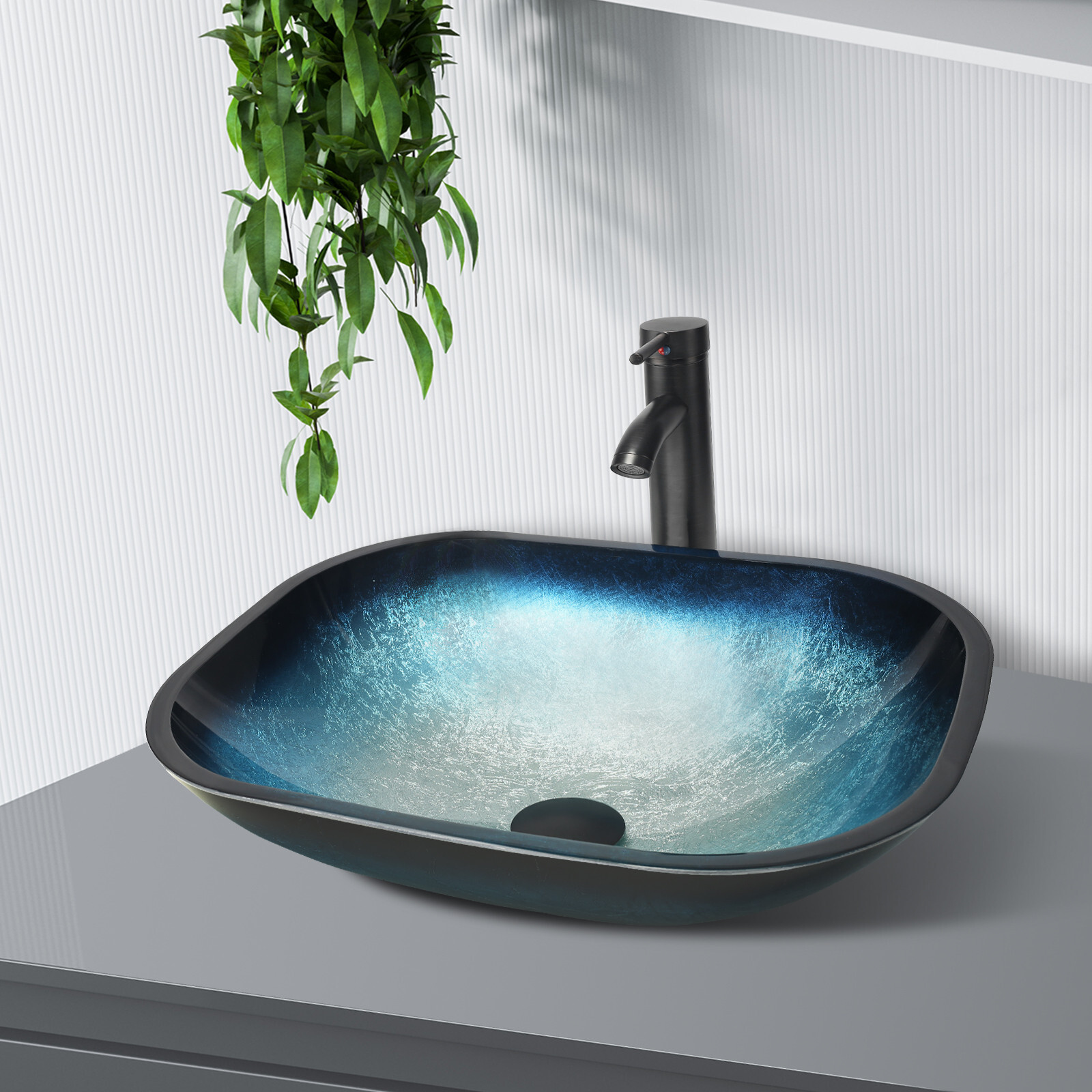 Bathroom Vessel Sink Blue Tempered Glass Basin Bowl w/Combo Faucet Pop Up Drain