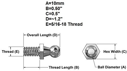 (4 Pack) 10mm Ball Studs with Hardware – 5/16 10mm Ball Stud, 1/2″ Long Shank
