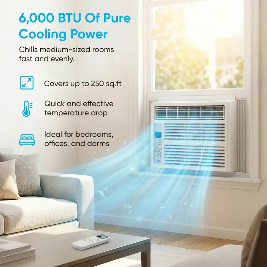 TABU 6000 BTU Window Air Conditioner, Compact Window-Mounted AC Unit With Remote