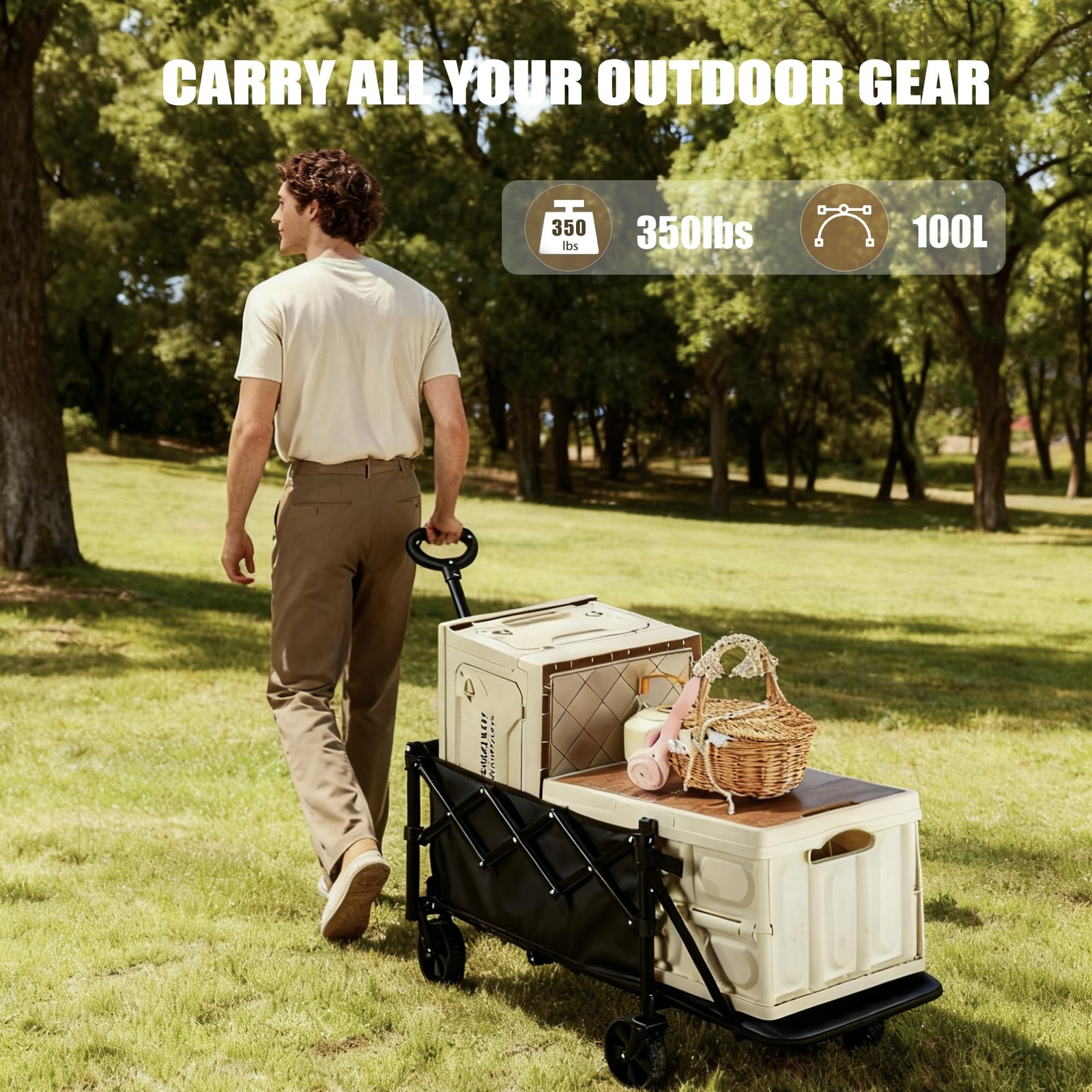 100L Folding Wagon Cart Push & Pull Beach, 350 lbs Weight Capacity Heavy Duty…