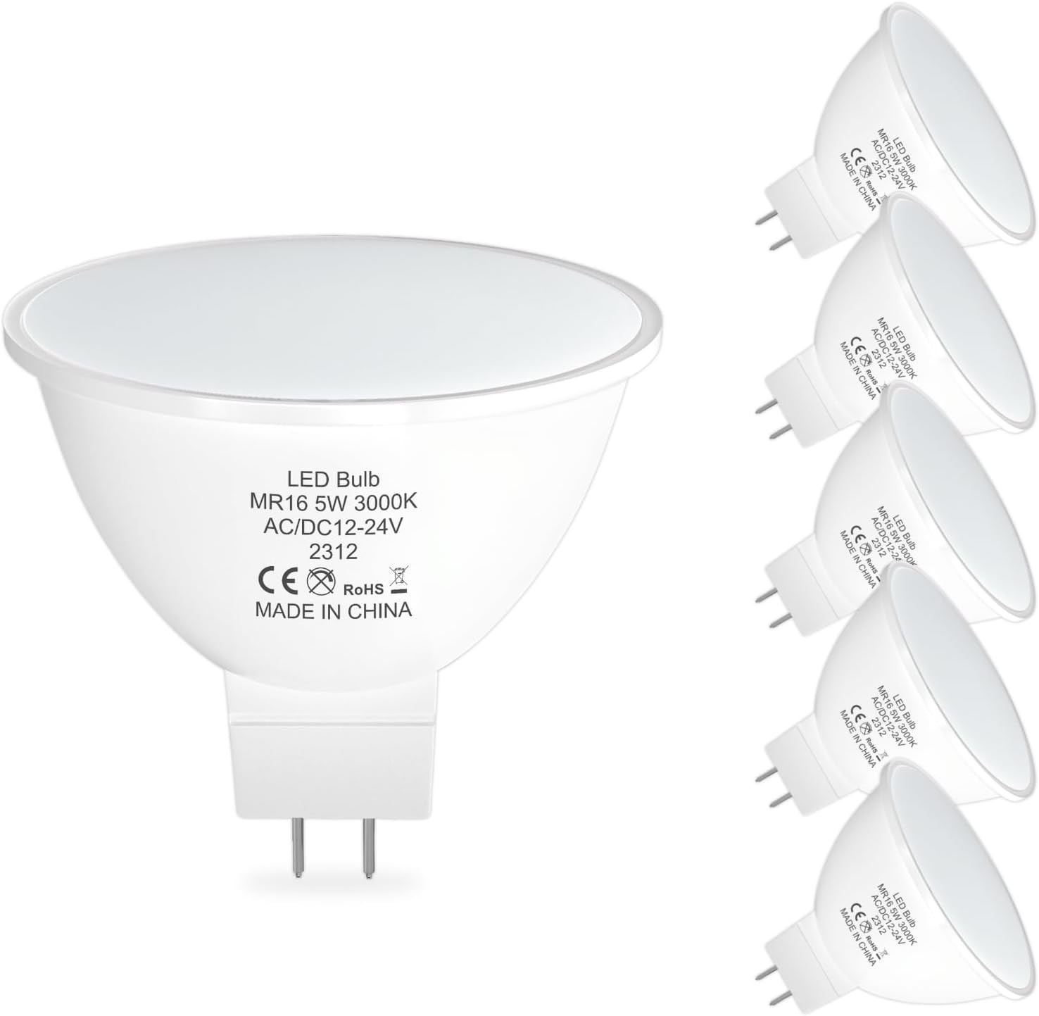 MR16 LED Bulbs 5W, AC/DC 12-24V Low Voltage GU5.3 LED Spotlight Bulb, 3000K Warm