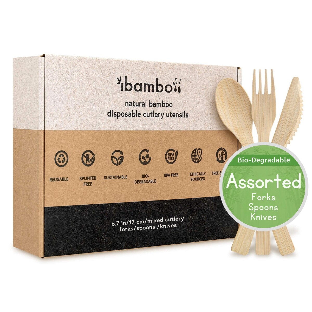 Ibambo 100% Bamboo Utensils – Assorted Bamboo Cutlery – Disposable or Reusable
