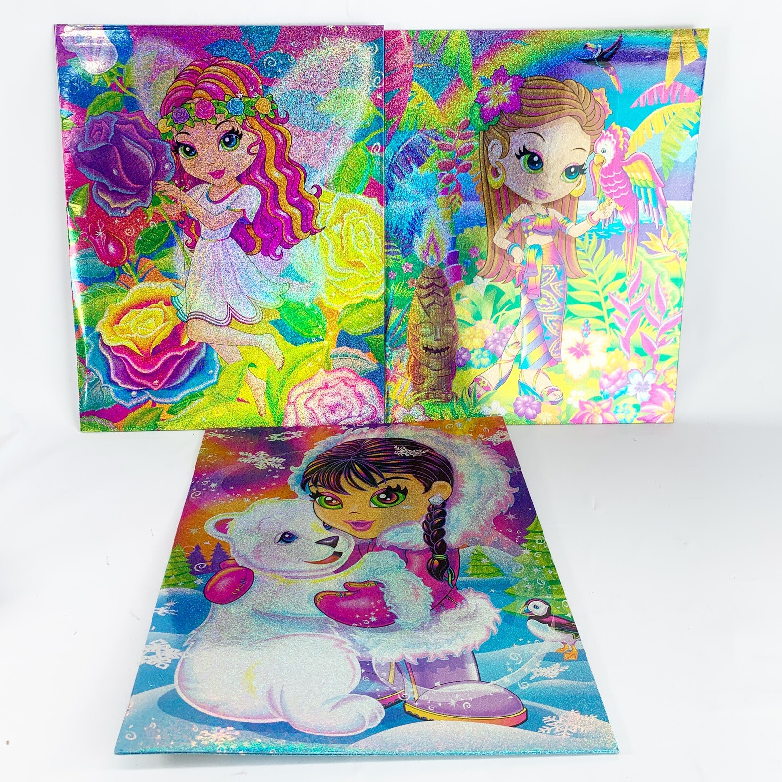 Lisa Frank Pocket Folder Glitter Rainbow Girls Animals Lot 3 NEW & UNPUNCHED B