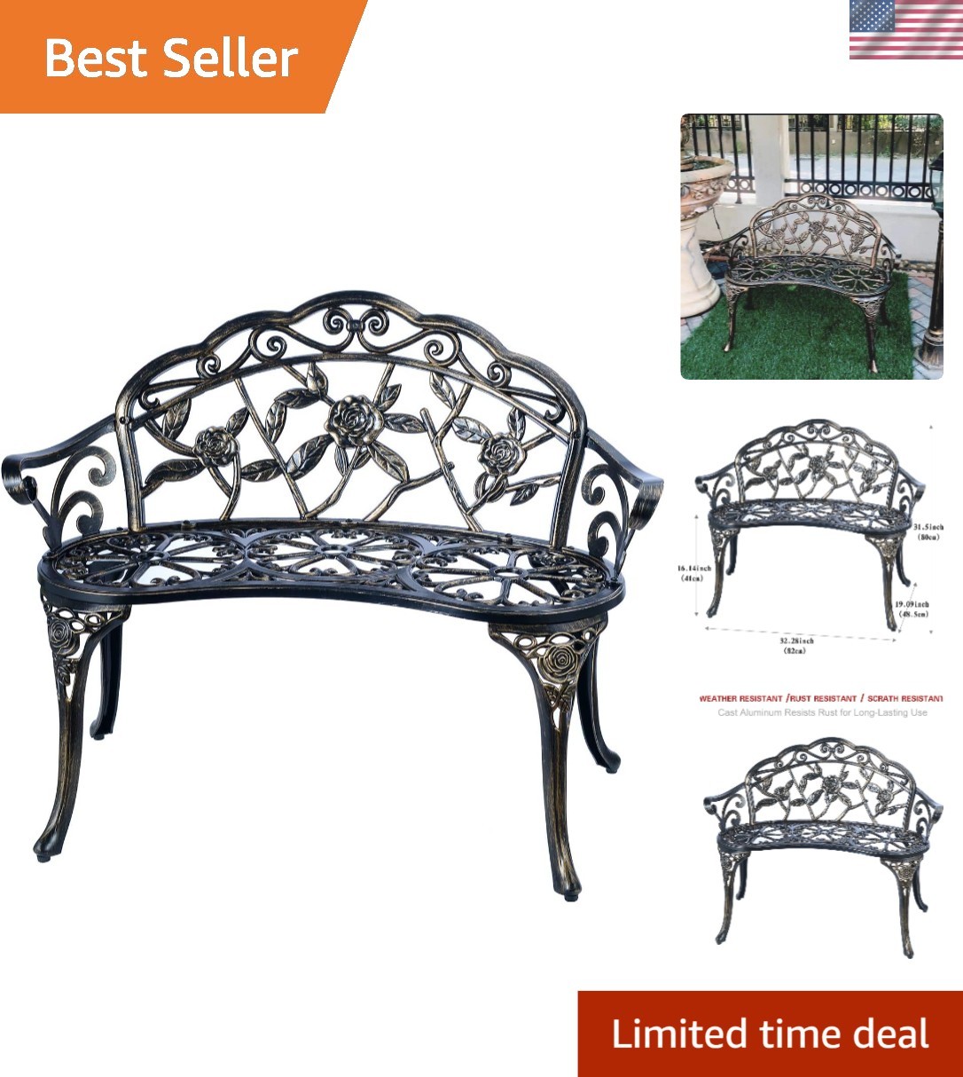 Stylish Copper Finished 2-Person Outdoor Bench with Easy Assembly Instructions