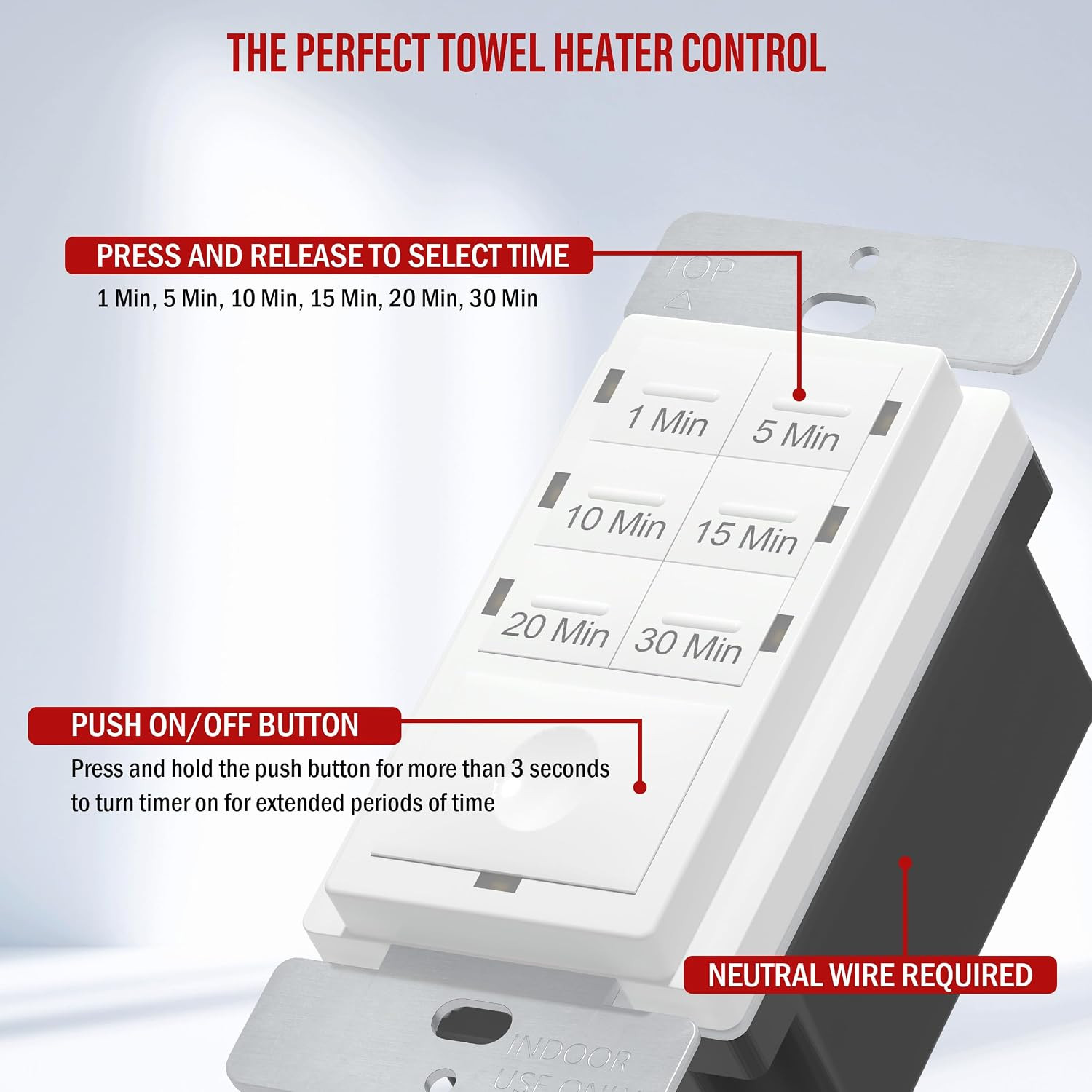 Countdown Timer Switch for Bathroom Fans and Household Lights, 1-5-10-15-20-30 M