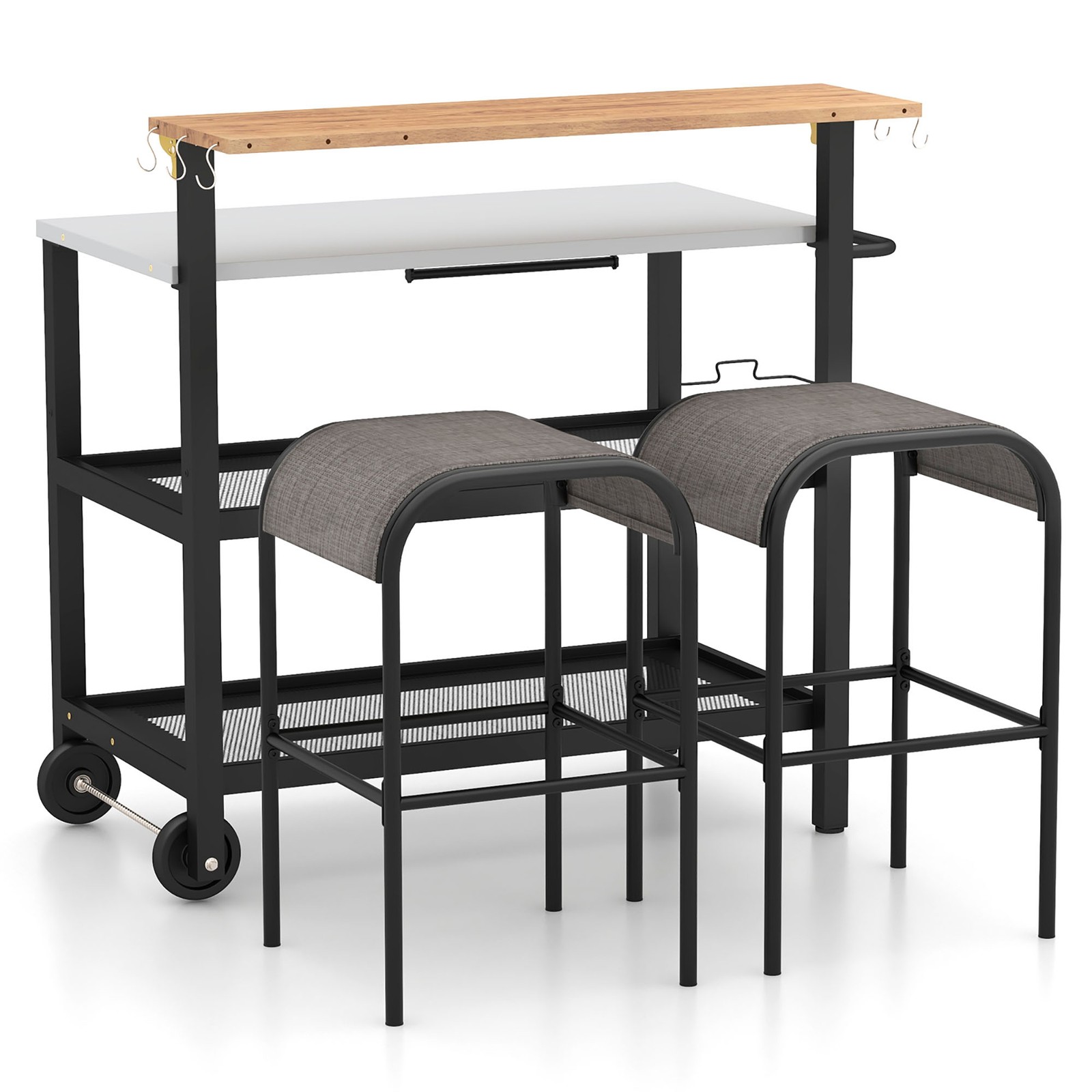 Rolling Bar Cart w/ Flip-up Table Hooks Paper Towel Holder 2 Bistro Stools