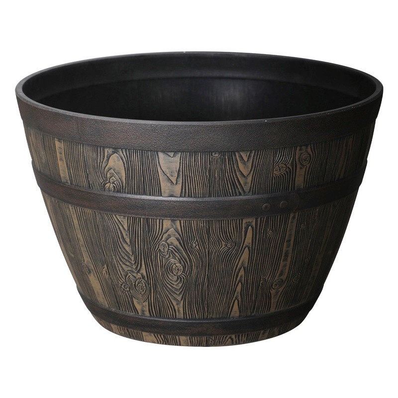 Rustic Whiskey Barrel Planter Recycled Plastic Drainage Holes Indoor Outdoor New