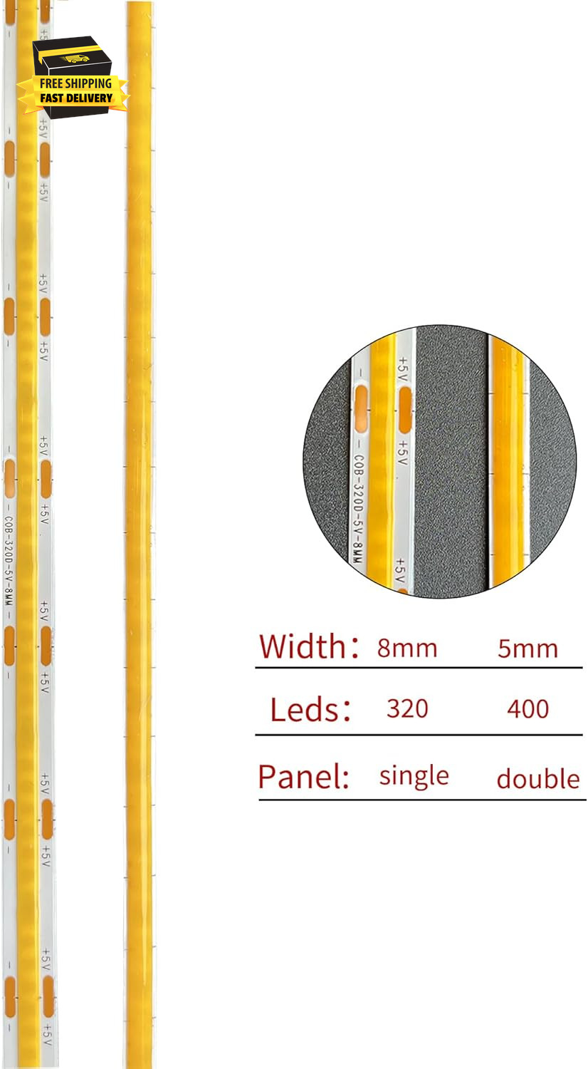5V 5Mm Width USB COB LED Strip Lights,3.28Ft/1M,Warm White 3000K,400Leds/M,8W/M,