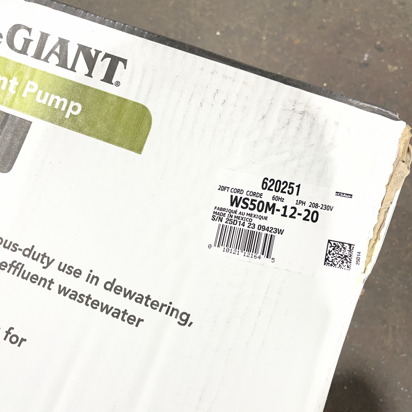 Little Giant Pump 620251 Effluent pump, 20Ft, 9.7A, 0.5Hp, 208To230vac New