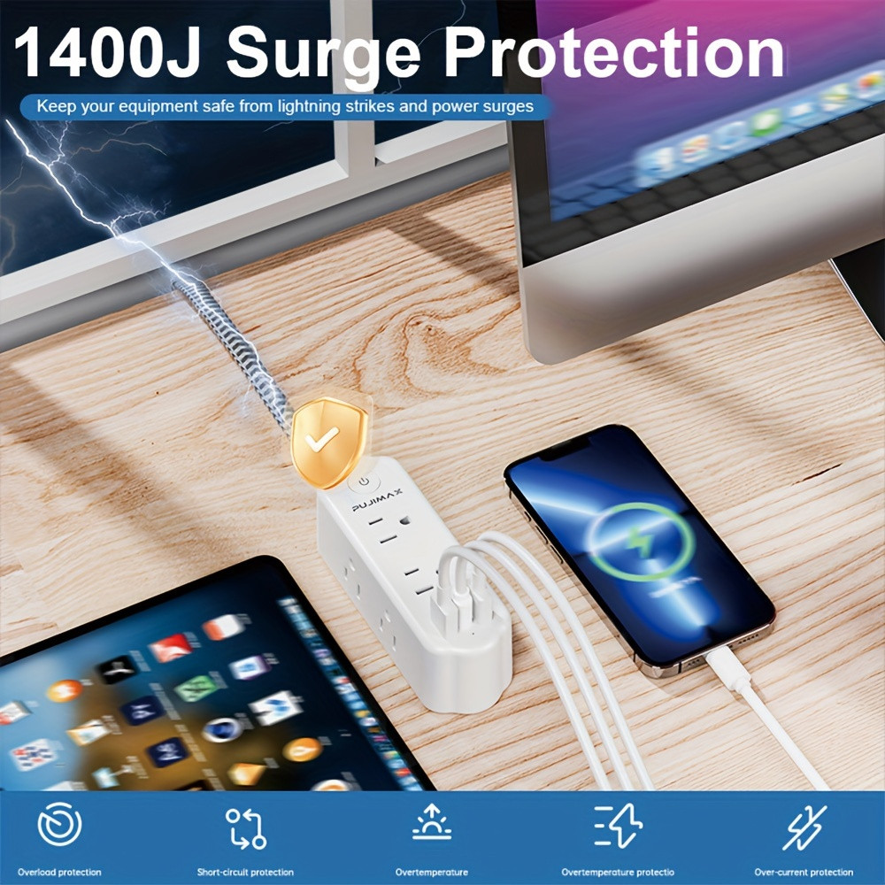 Flat Plug Power Board With 6 Sockets Long Extension Line USB Port Surge Protect