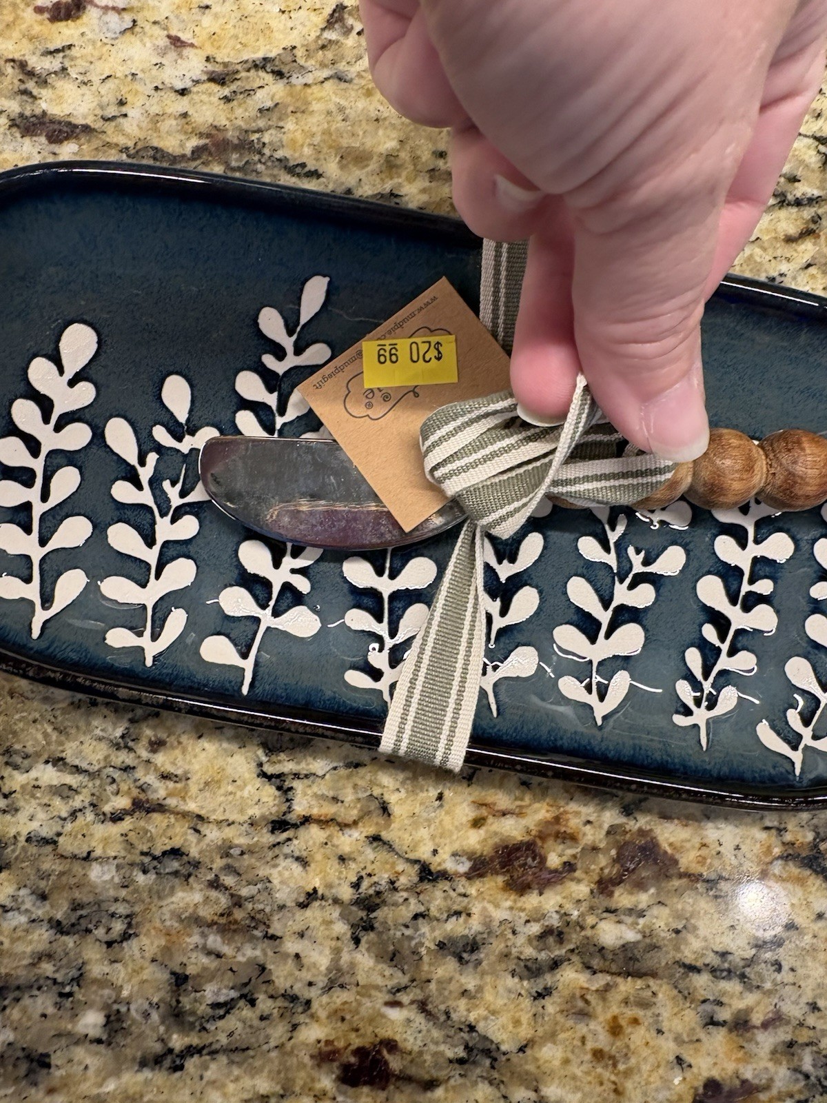 Mud Pie Blue Leaf Ceramic Cheese Board with Knife, Medium Oval, Modern Nature