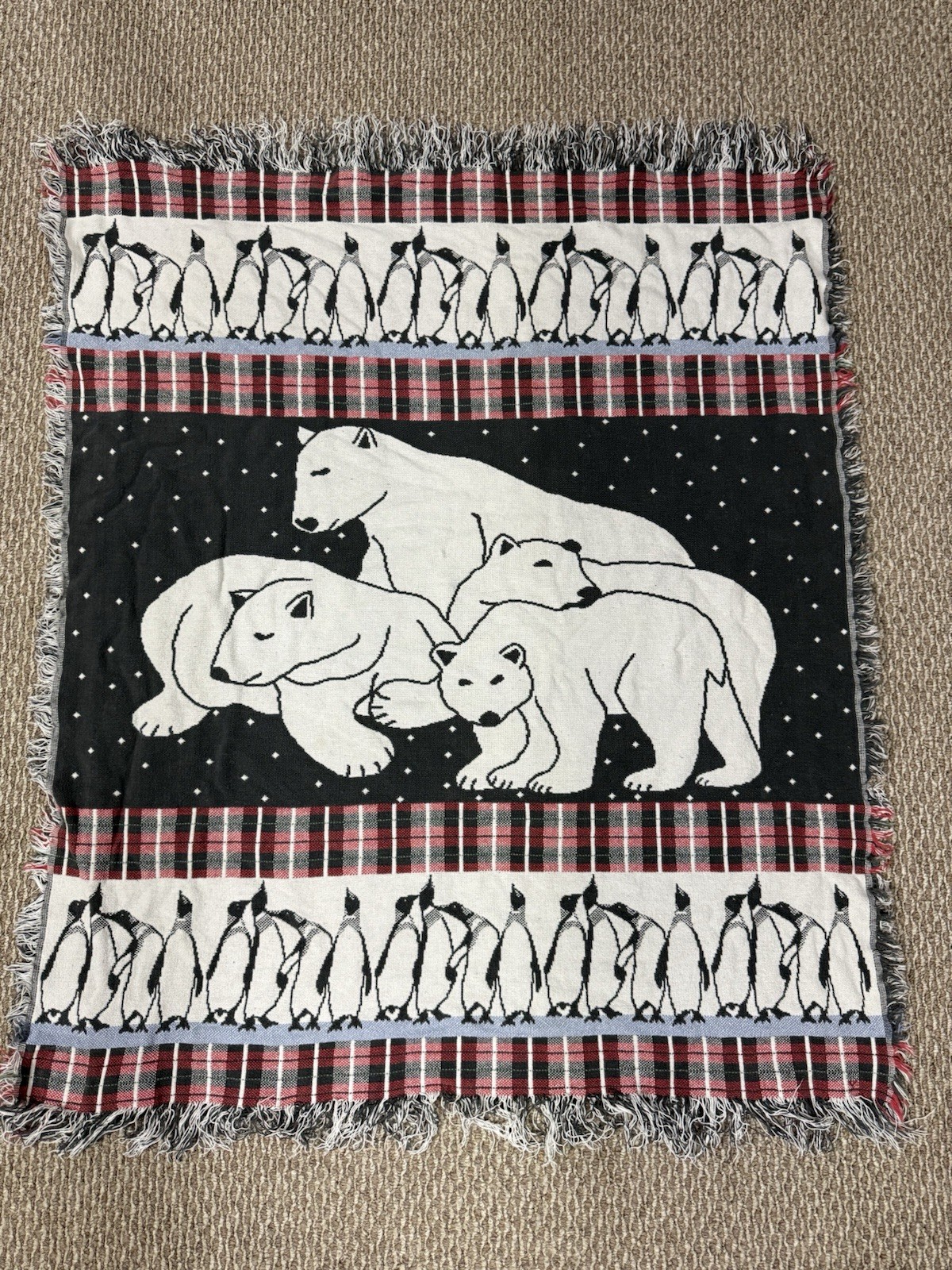 VTG Coming Home Artic Polar Bear Penguin Woven Tapestry Throw Blanket USA
