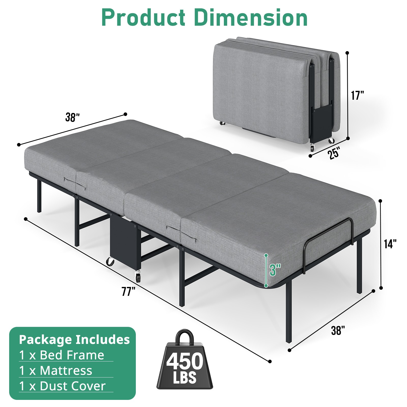 38Inch Rollaway Folding Bed& Thick Mattress with Detachable washable Cover Cot