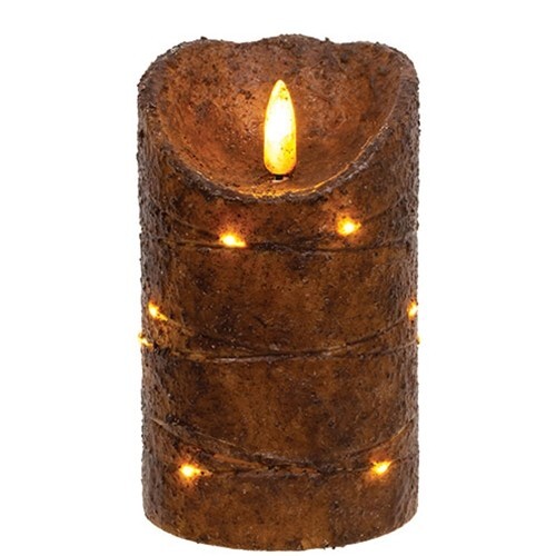 NEW Primitive TIMER PILLAR Burnt MUSTARD Textured WRAPPED Candle 5″ x 3″ LED
