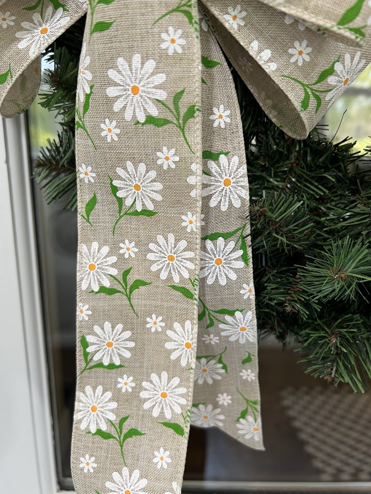 Handmade Summer Spring Tan Daisy Flower Bow 10 x 16 in. Bow for Wreath or Swag