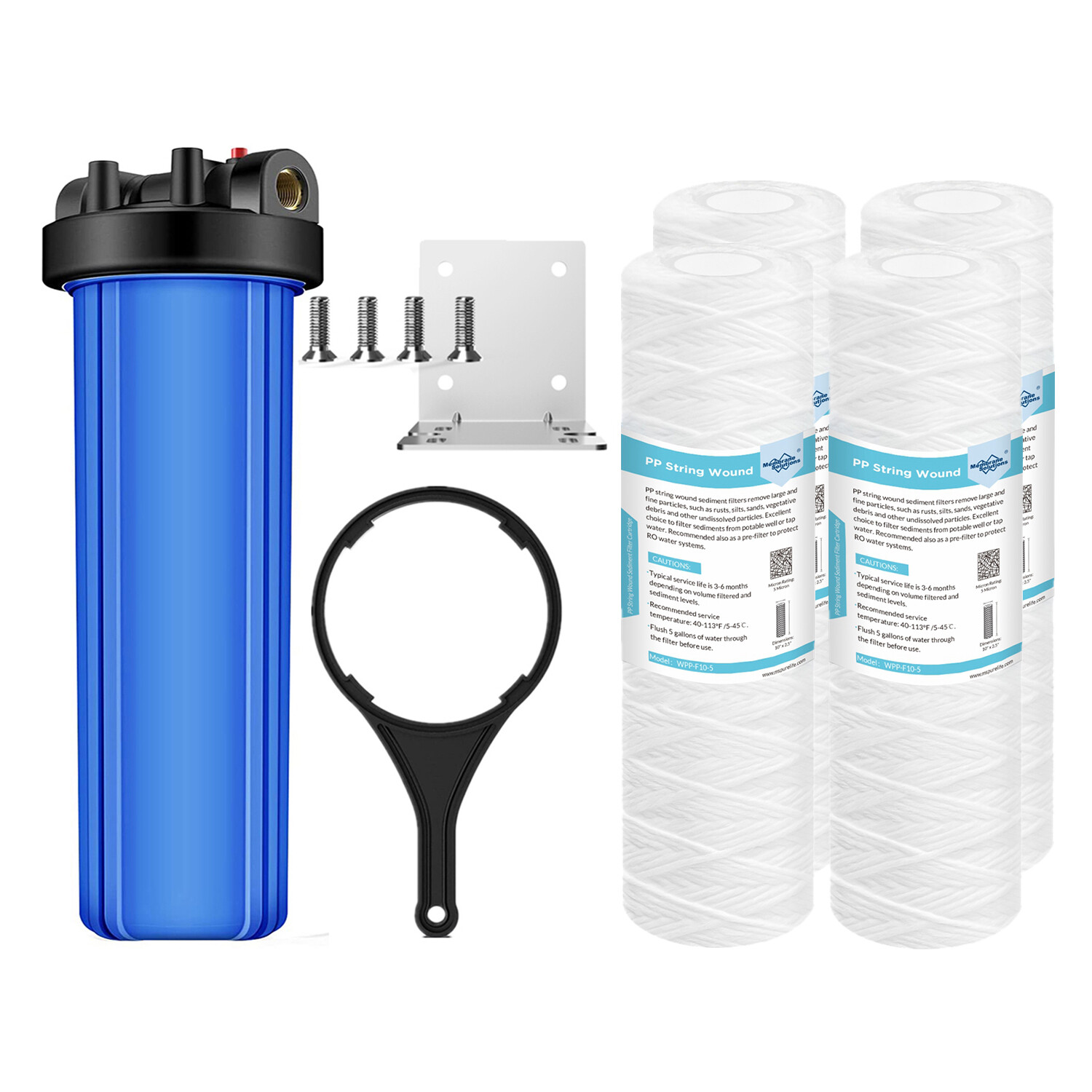 20 Inch Whole House Water Filter Housing System &4PCS 20″ x 4.5″ String Sediment