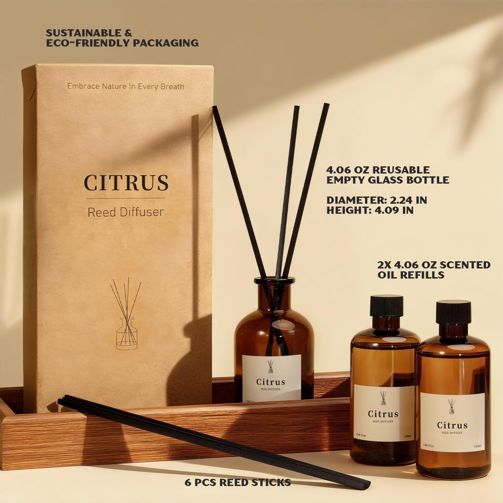 Reed Diffuser Set, 8.12 fl.oz Citrus Scent Oil Diffuser with Sticks, Long-Las…