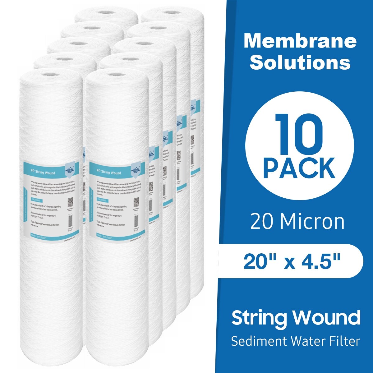 10 Micron 20″x4.5″ Big Blue String Wound Sediment Water Filter for SimPure DB20P