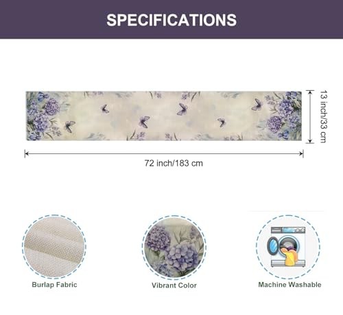 Spring Table Runner 13×72 Inch Butterfly Kitchen 13″W x 72″L Purple Hydrangea
