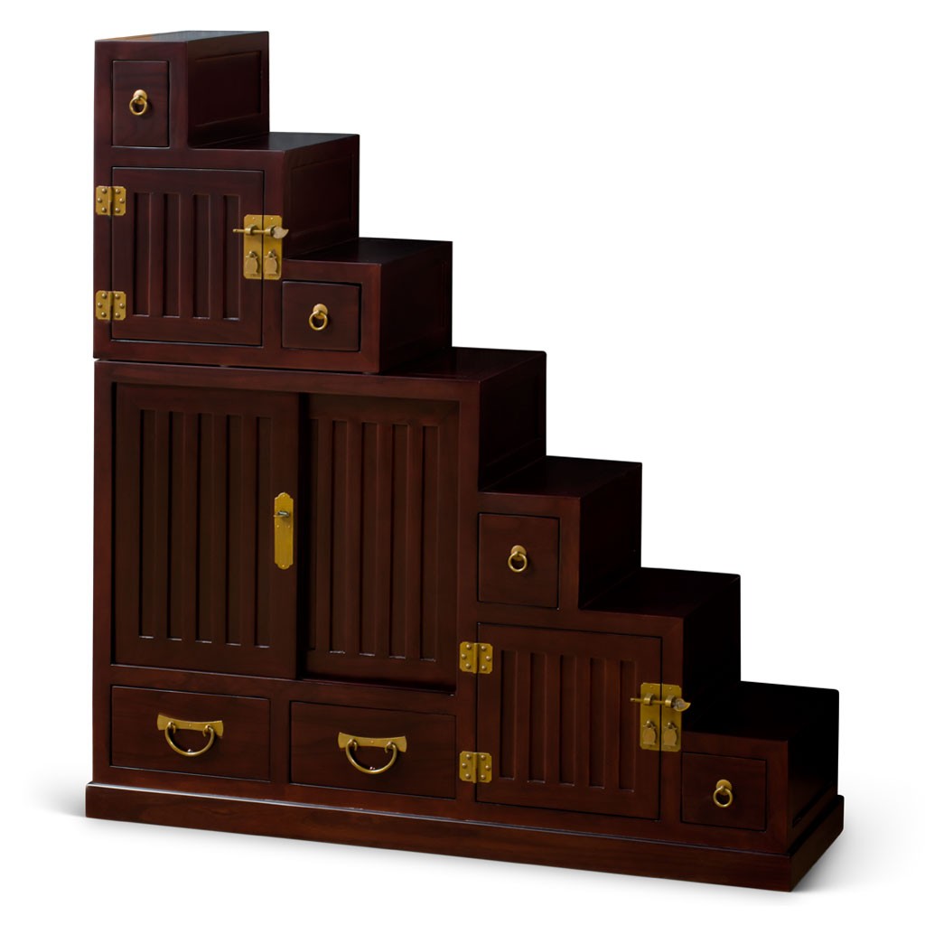 US SELLER – Dark Cherry Finish Elmwood Japanese Style Step Tansu Chest