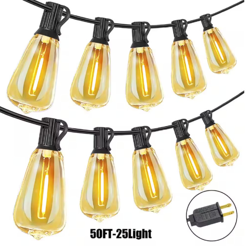 50FT Outdoor LED String Light Waterproof Patio Bulb ST38 2700k Warm White 15M