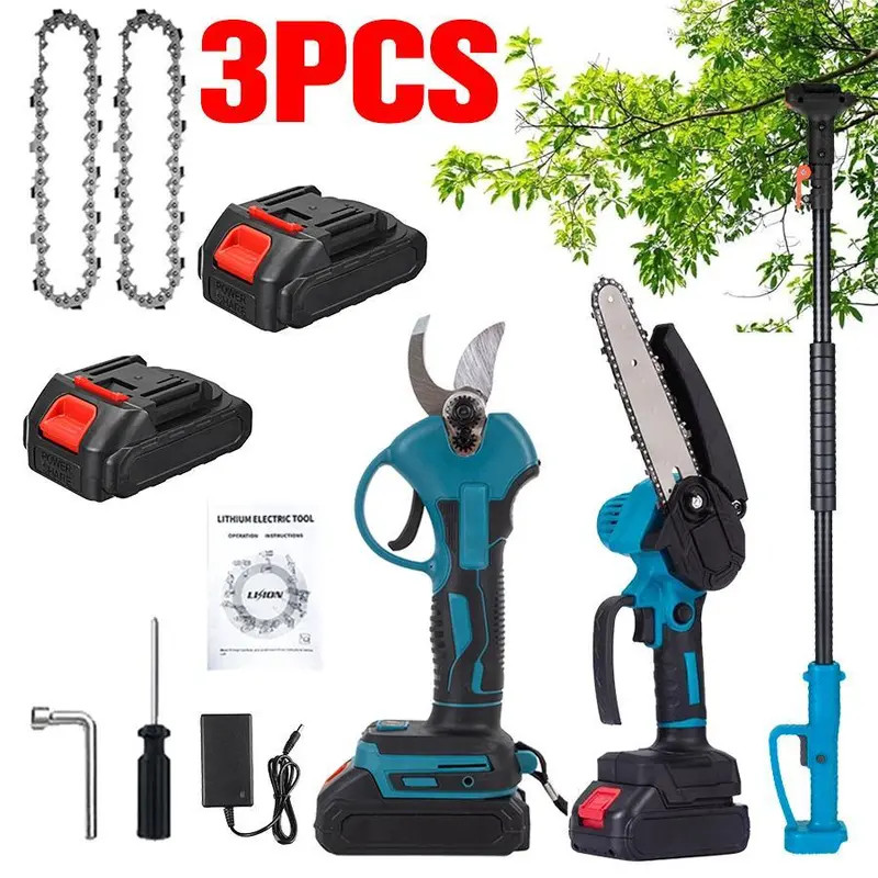 3-in-1 Cordless Pole Saw & Mini Chainsaw Garden Tools Set with 2 Batteries,