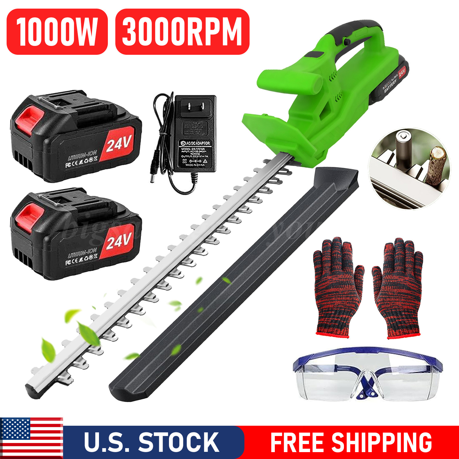 1000W Cordless Hedge Trimmer 24V Battery Electric Hedge Trimmer +2 Batteries NEW