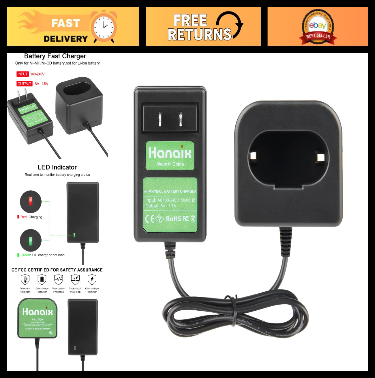 6V Ni-MH/Ni-CD Battery Charger for Paslode Tools, Fits 404717, 900476, 902667