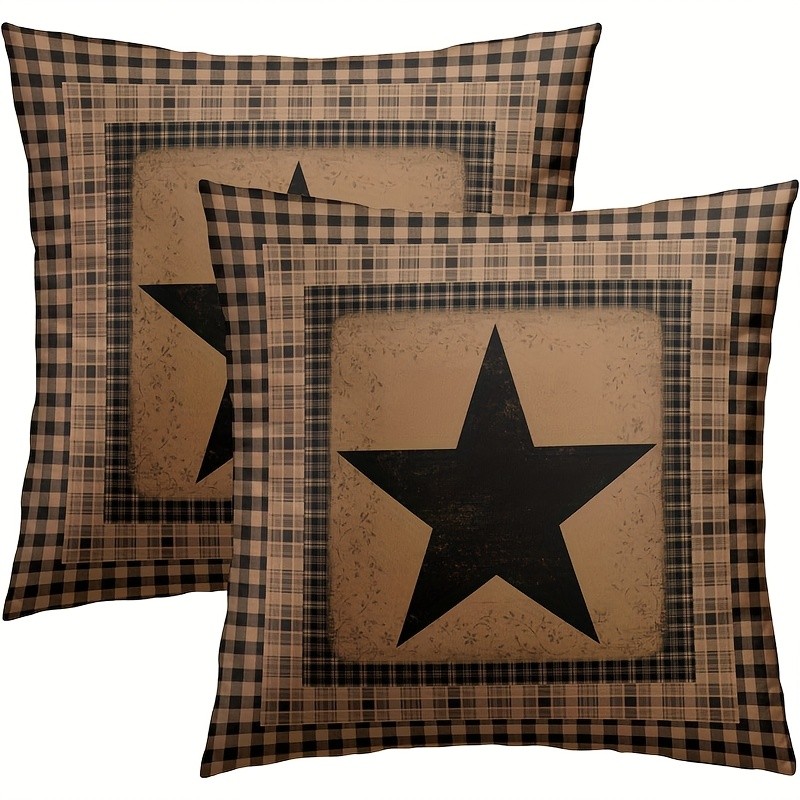 2P Black Tan Plaid Star Throw Pillow Cover Rustic Farmhouse Primitive Home Decor