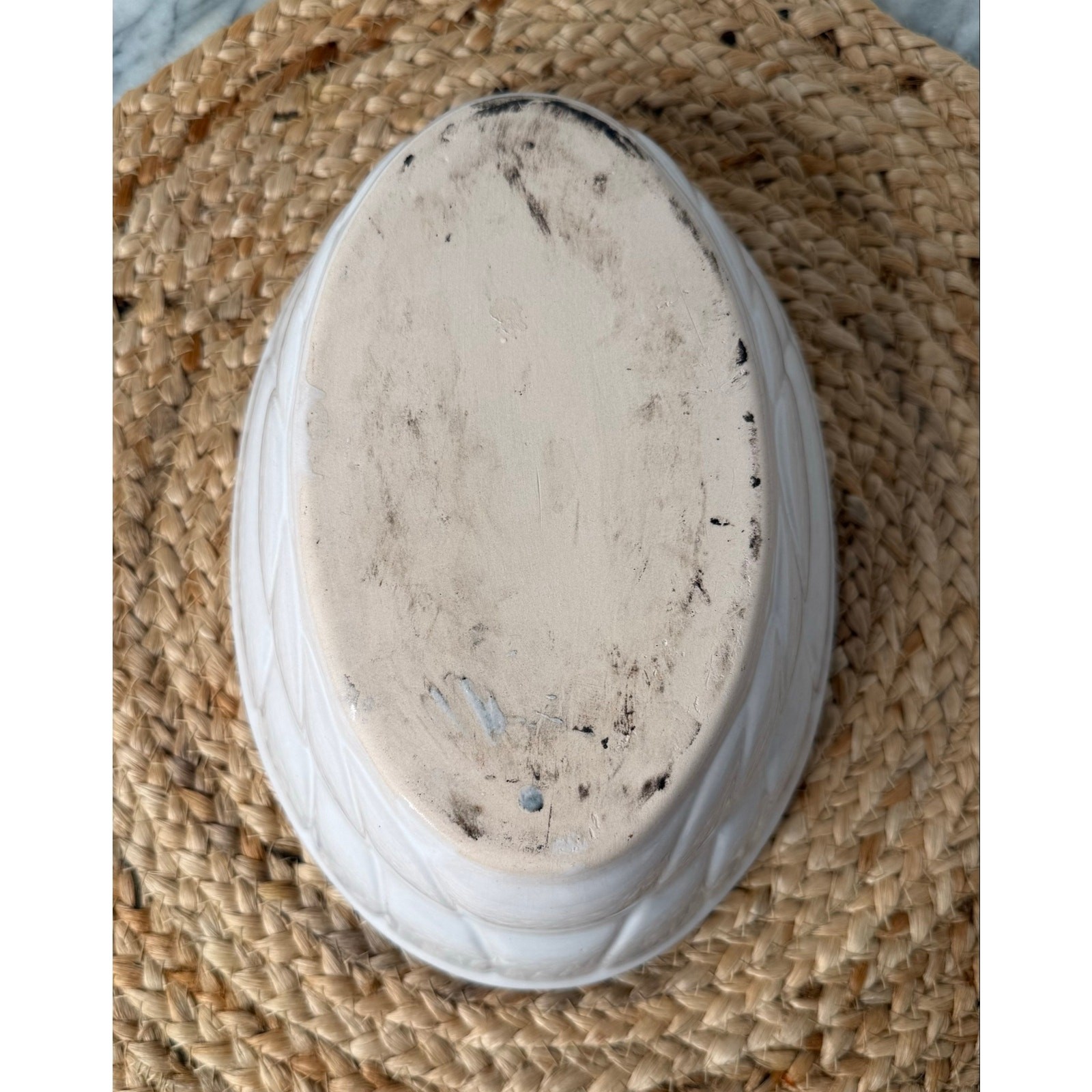 White Mountainside? textured cachepot, oval bowl, art pottery, 1930s