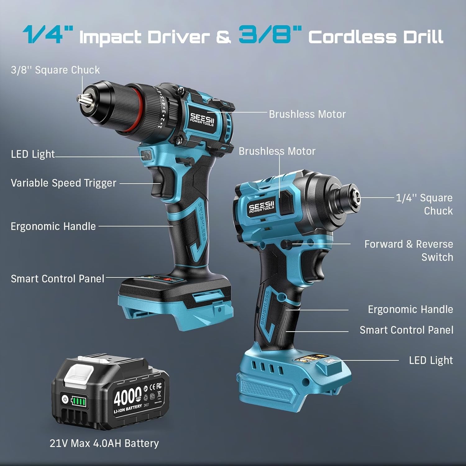 21V Brushless Cordless Compact Kit 3/8″ Drill 1/4″ Hex Impact Driver 2xBattery