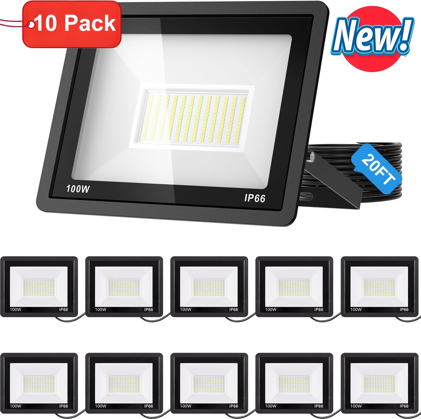 10 Pack 100W LED Flood Light Outdoor Super Bright Outside Work Lights 6500K IP66