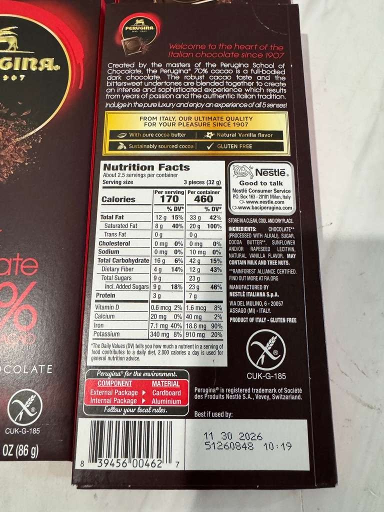 Perugina Chocolate 70% Dark Chocolate Tablet 3 oz (86g) each, Pack of 4