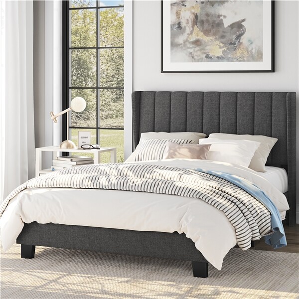 Full/Queen/King Upholstered Platform Bed Frame Tufted Headboard Gray/Blue/Beige