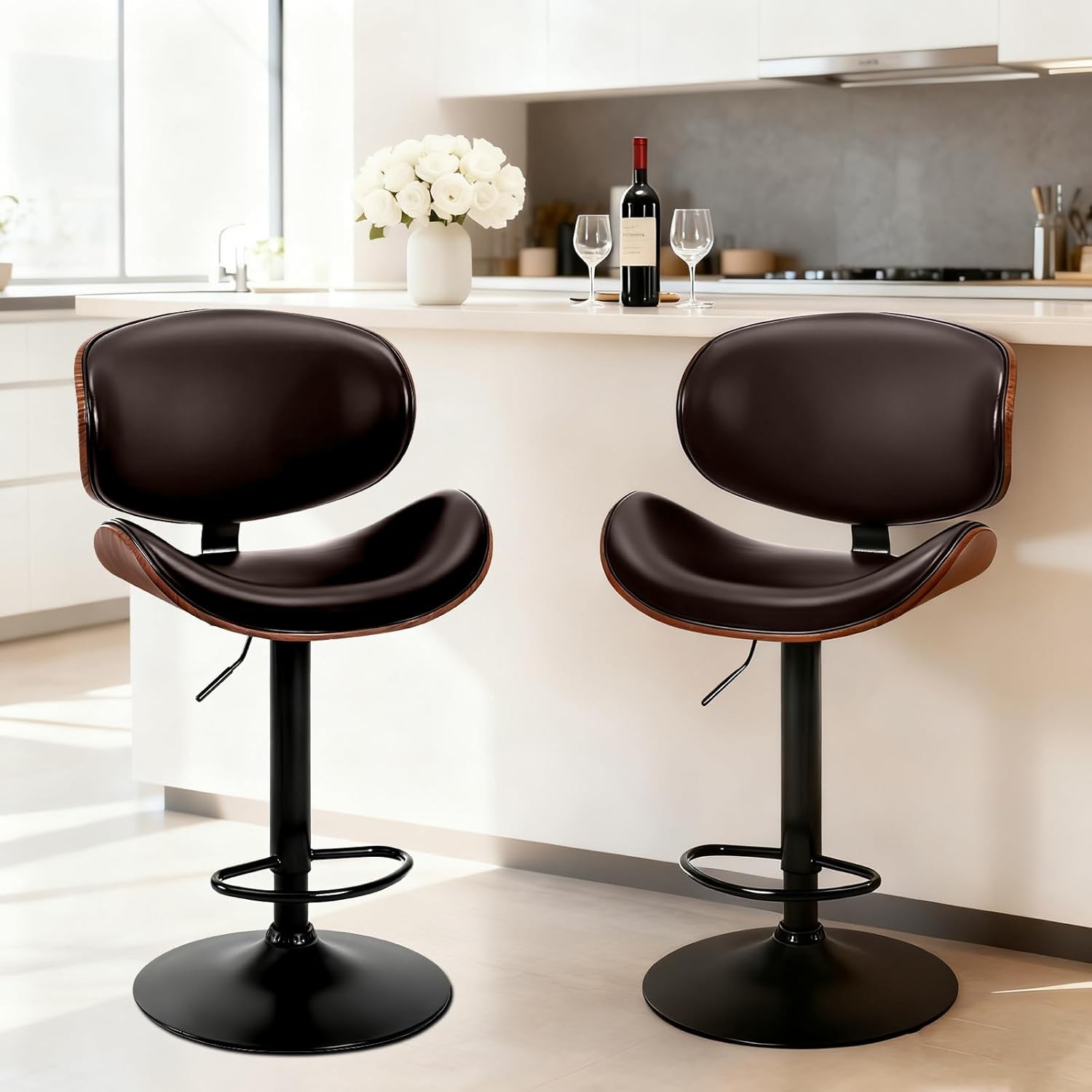 2Pcs Swivel Bar Stools,Adjustable Height,PU Leather Upholstery,w/Back&Footrest