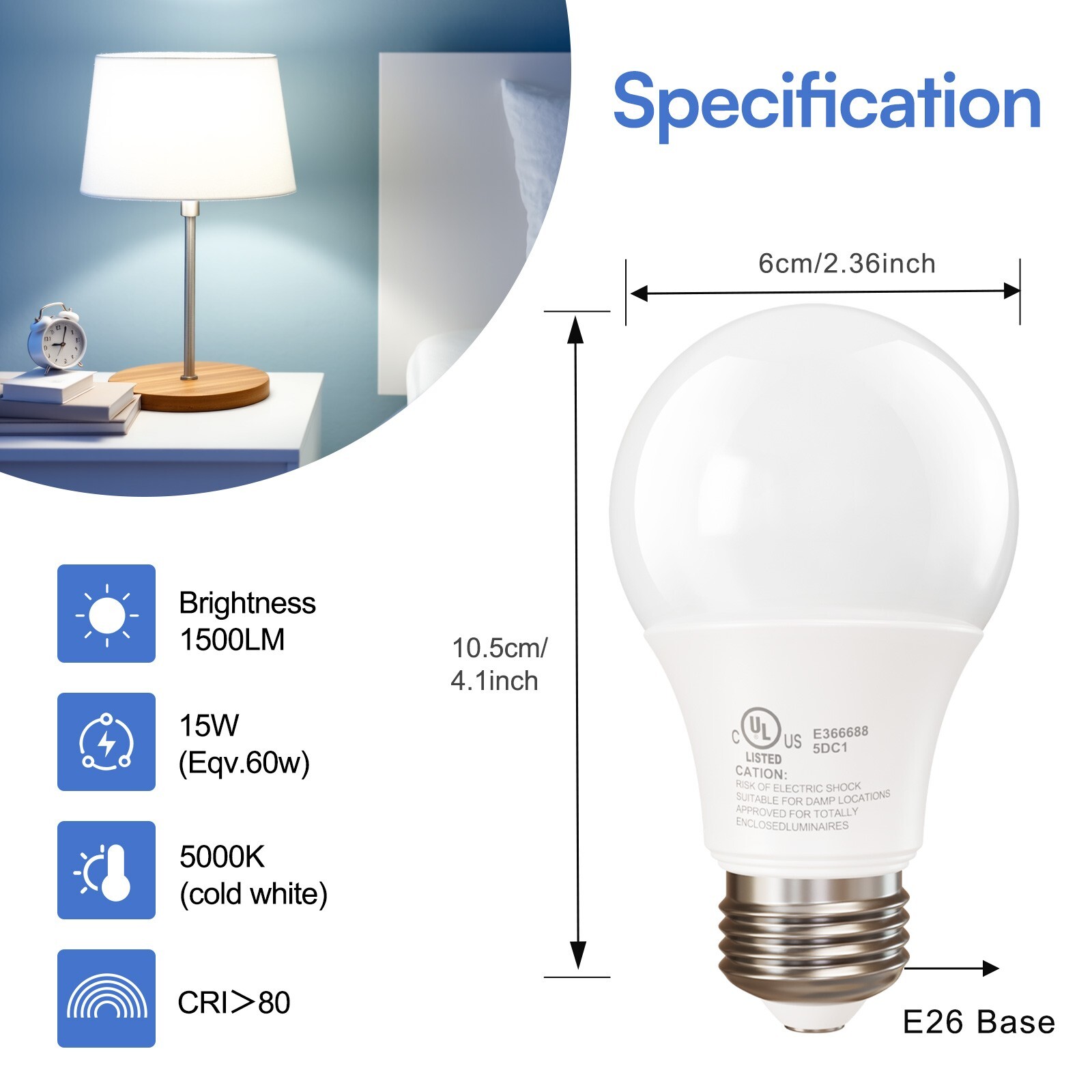 12 Pack A19 100W Equivalent Light Bulbs 1500LM 5000K Daylight E26 Non-Dimmable