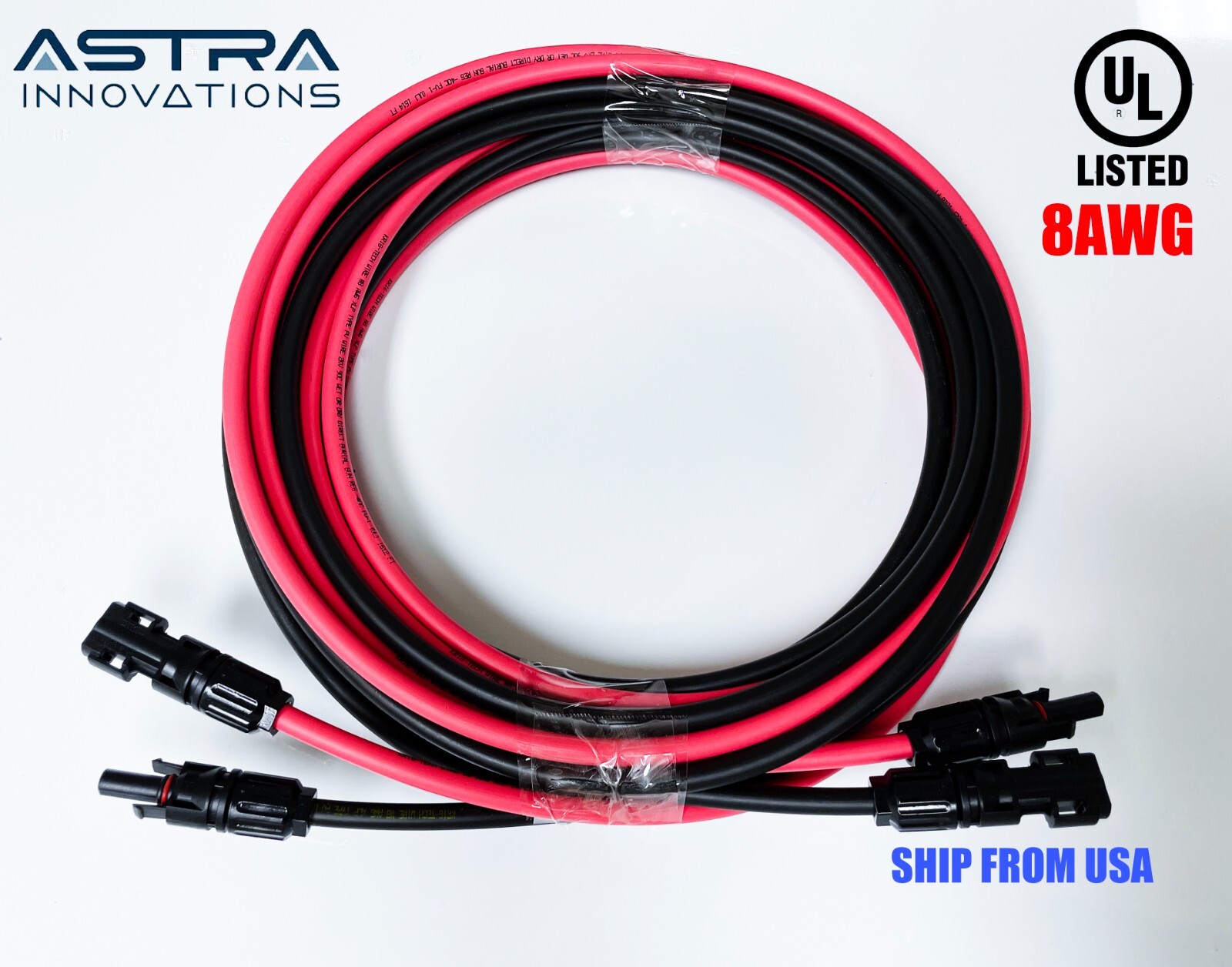 8 AWG Paired Black+Red PC wires Solar Panel wire with 4 Connectors UL listed